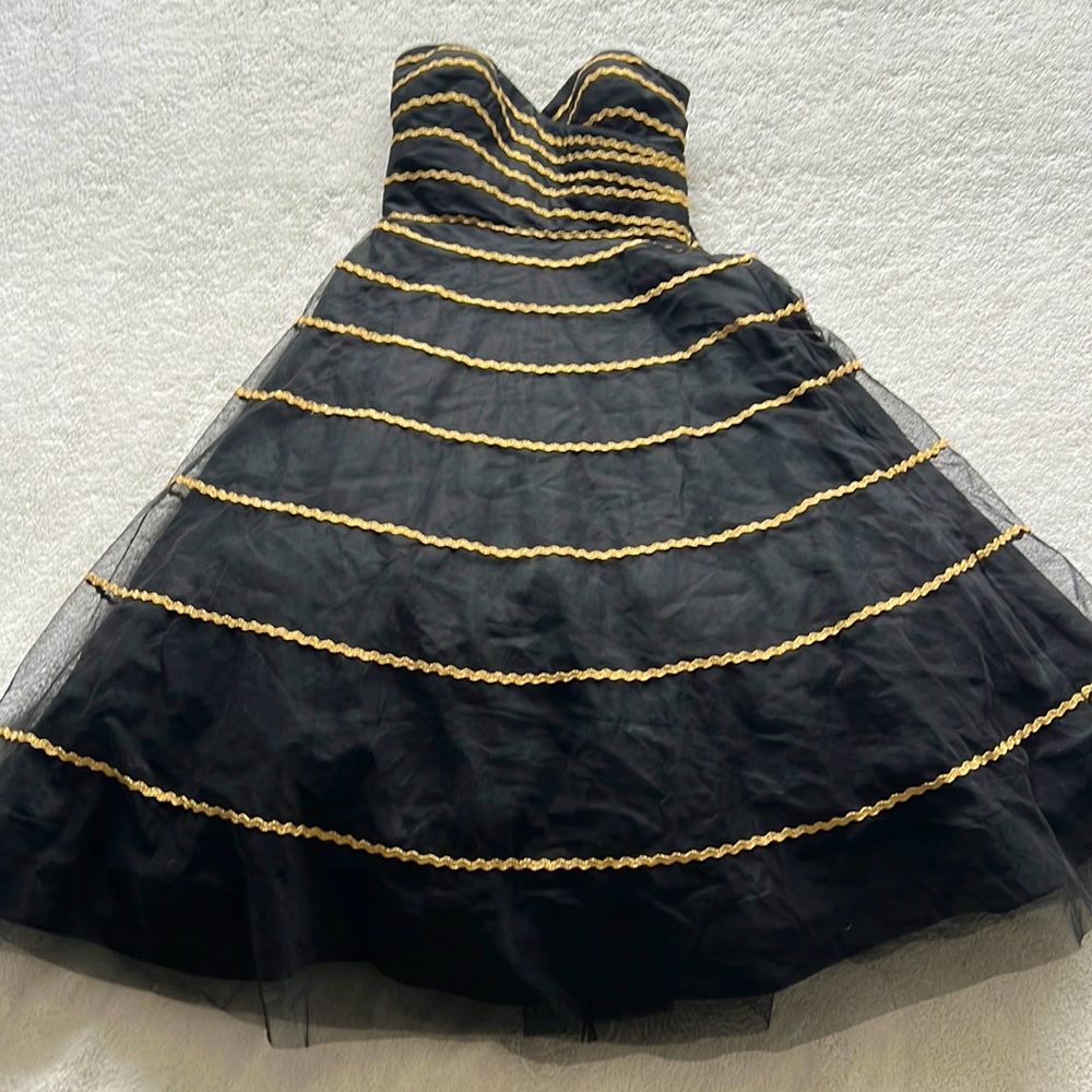Anthropologie black and gold prom dress, midi and strapless